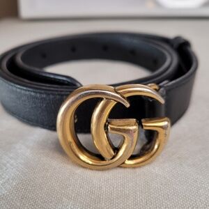 Gucci GG Marmont Black Slim Leather Belt with Gold GG Buckle